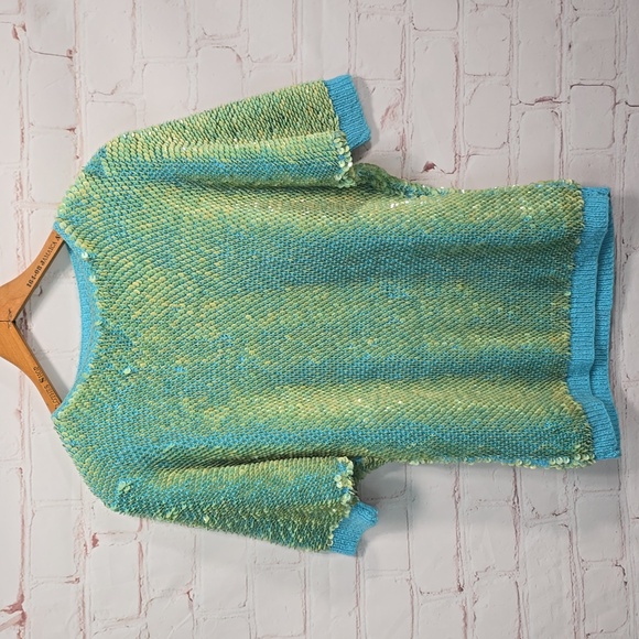 Teal/Lime Green Razzle Dazzle Sequin Blouse Size M - Picture 9 of 14